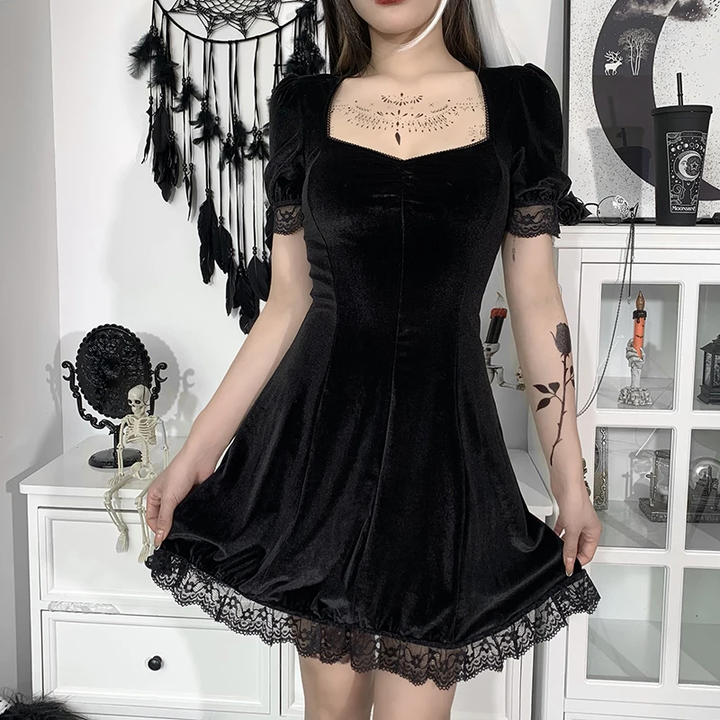

Vintage Lace Black Dress Goth Sexy High Waist Mini Dress Aesthetic Elegant Short Sleeve A Line Dress Party Club Wear