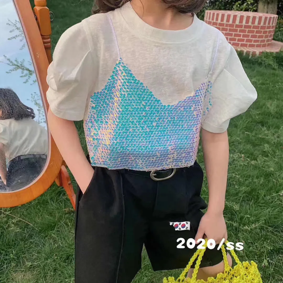 Футболка из двух частей с рукавами-фальшивыми пузырями для девочек Новинка лета