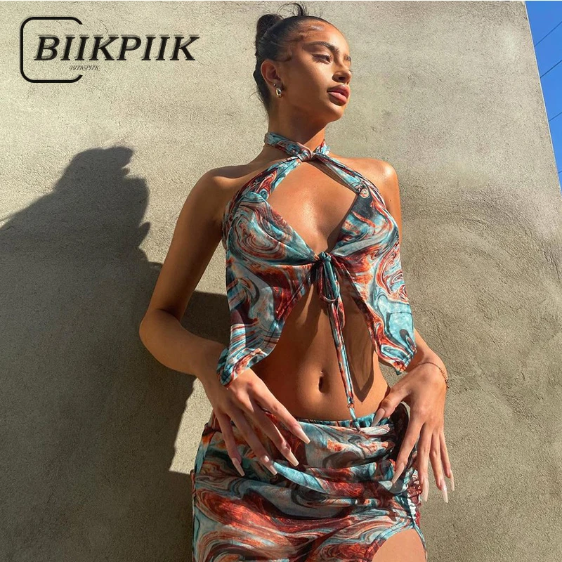 

Женский Кружевной Костюм BIIKPIIK, повседневный комплект из двух предметов, с принтом, с вырезами, для отдыха, вечерняя Клубная одежда