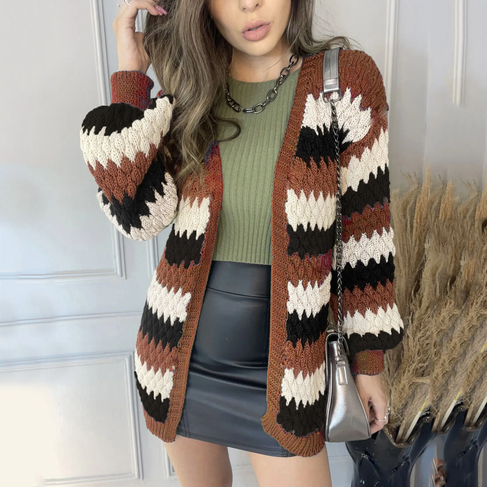 

Fashion Women's Stripe Cardigan Autumn New Hollow Pullover Knit Long Sleeve Sweater Cardigan Coat Sueters De Mujer Sweaters
