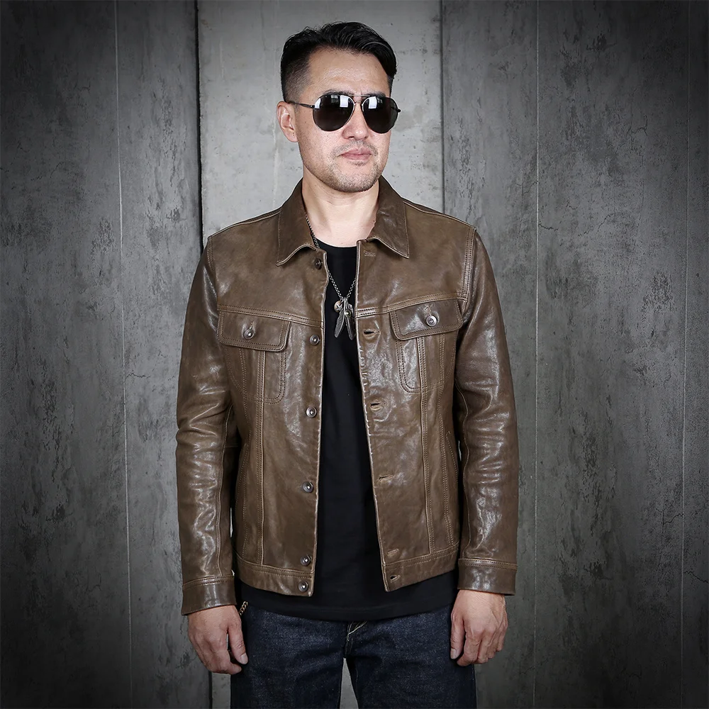 

2021 Vintage Brown American Casual Style Genuine Leather Jacket Men Single Breasted Plus Size 4XL Real Cowhide Spring Slim Coat