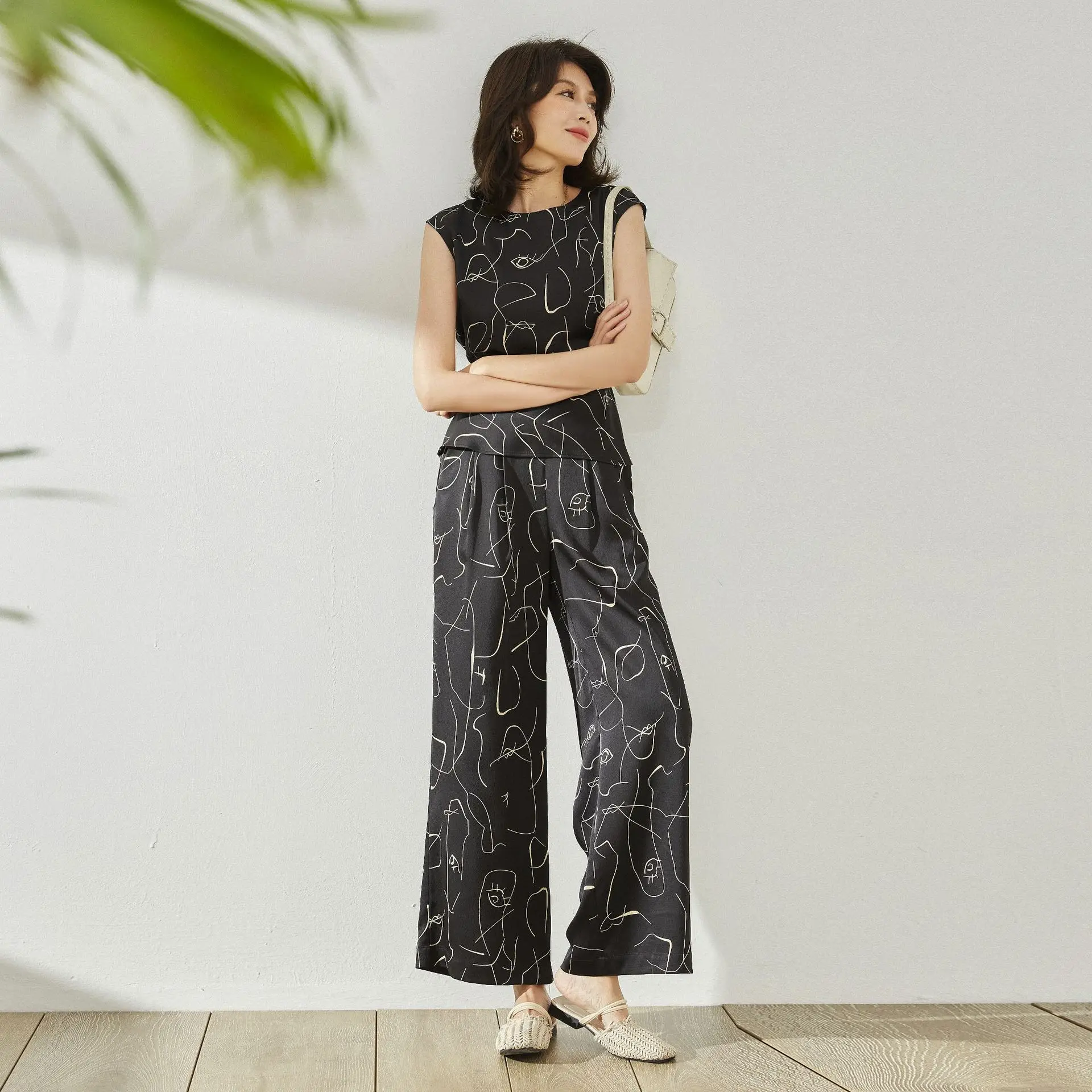 

Black Female Pants Stain Fashion Vintage Streetwear Women Bottoms Pants Set High Waisted Trousers Loose Wide Leg Pants Elegant