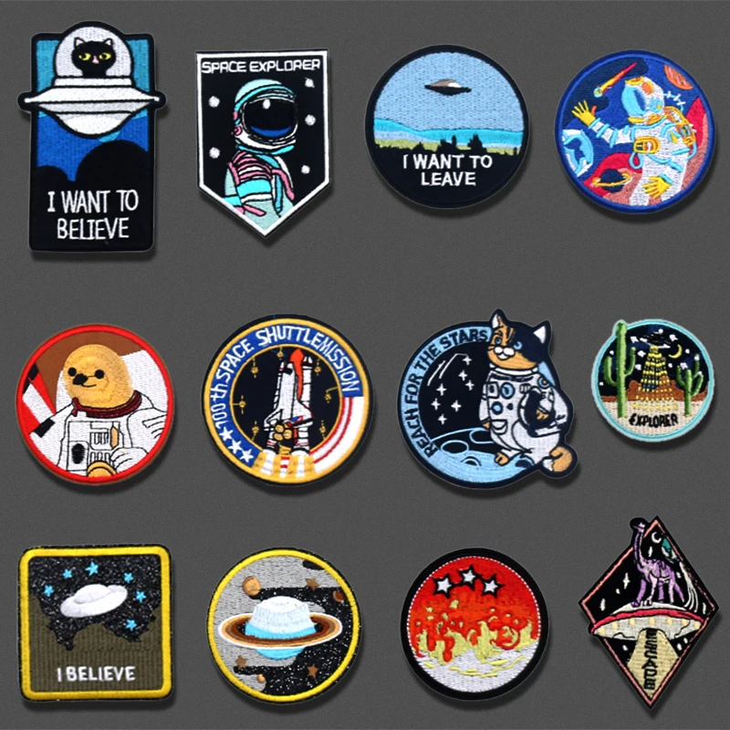 Космический UFO кот животное вышитые нашивки железные на одежду шляпа DIY значки полосы аппликация Одежда рюкзак жакет наклейки