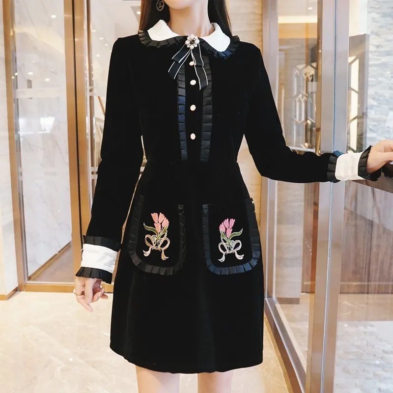 Женское бархатное платье-мини с длинным рукавом цветочной вышивкой | Женская