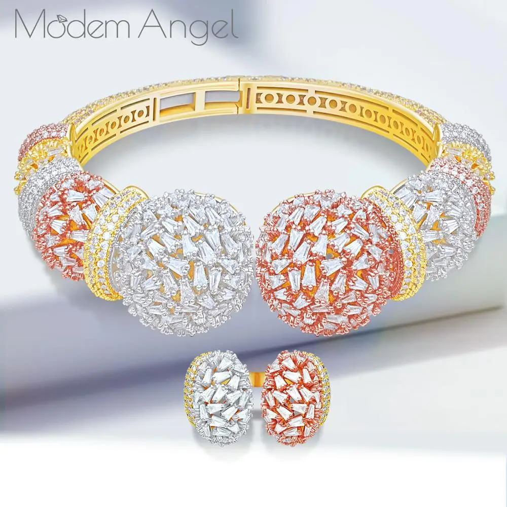 ModemAngel luxury Unique African Bangle Ring Set Jewelry Sets For Women Wedding Cubic Zircon Crystal CZ Dubai Bridal Jewelry Set