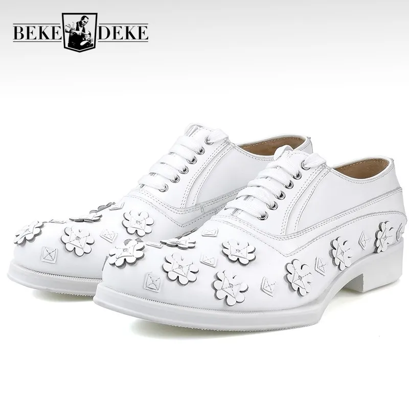 Мужские оксфорды ручной работы из воловьей кожи, повседневные классические туфли на платформе, 100% натуральная кожа, белые, с цветами, весна-...