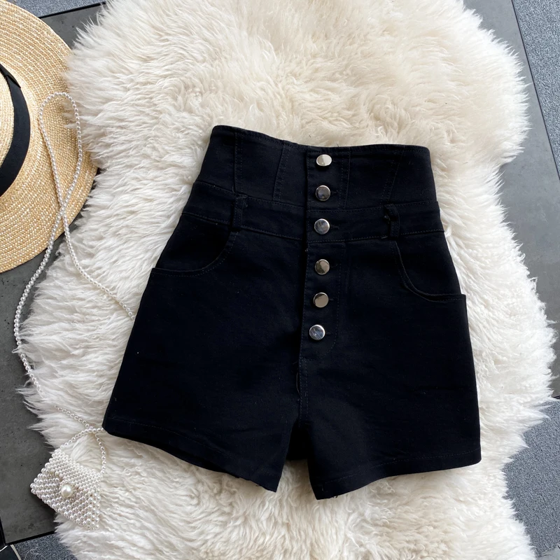 

Super High-waist Single-breasted Denim Shorts Women Black Retro Student Korean Fashion Thin Wild Hot Pants Female NS2595