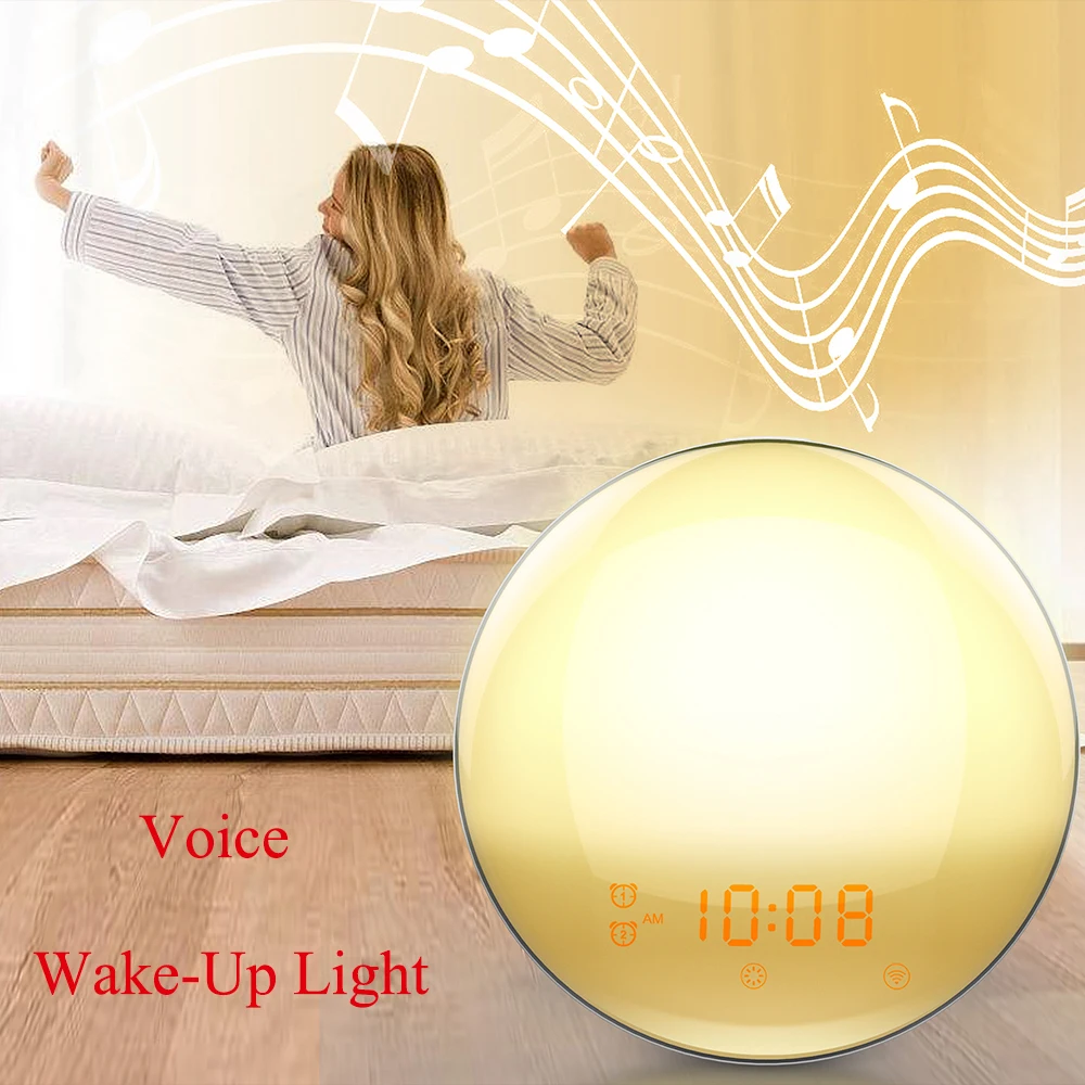 Wake Alarm Clock 7 Colors Alexa Phone App Control Smart Up Light Digital Night FM Radio Music Dimmable Voice Lamp | Дом и сад