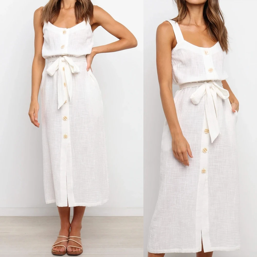 

Платье женское из хлопка и льна, модное однотонное платье средней длины с поясом, с завышенной талией, на пуговицах, без рукавов, лето 2021