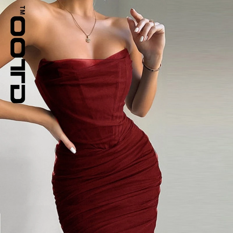 

Summer Hot Pink Mesh Strapless Sexy Bandage Woman's Midi Night Club Waist Dress Sleeveless Party Dress Bodycon Lining Bodycon