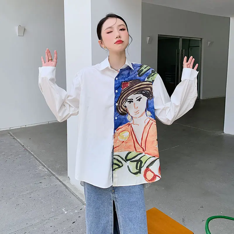 

XITAO Asymmetrical Print Shirt Fashion Contrast Color Casual Loose Temperament Turn-down Collar Top Autumn New All-match WMD2385