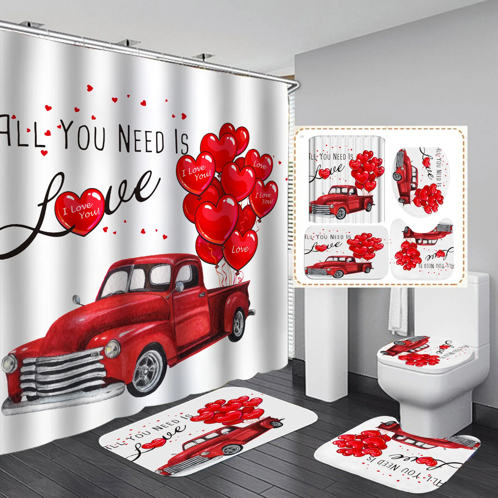 

3D Love Printing Shower Curtain Home Decoration Bathroom Waterproof Anti-Skid Polyester Shower Curtain Lovers Wedding Decoration