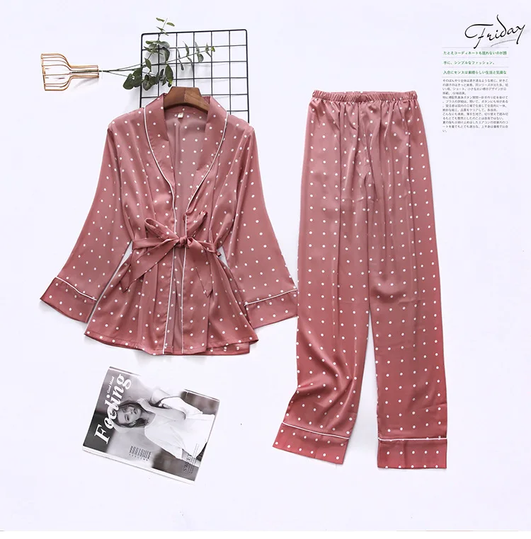 

Sexy Polka Dot Printed Pajamas Sleepwear Autumn Ice Silk Long Sleeve Trousers Suit Fashion Pyjamas Set Nightwear Homewear