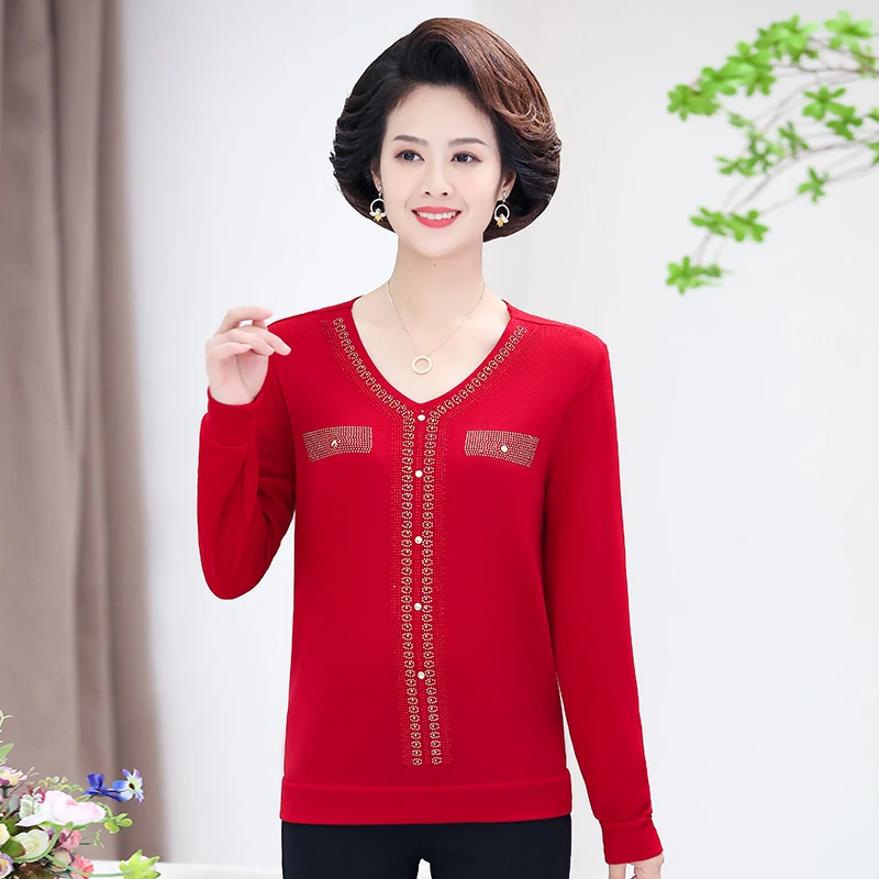 

New casual V-neck diamond top women shirts 2021 autumn fashion stretch Slim Soft tee shirts mujer 6xl large size