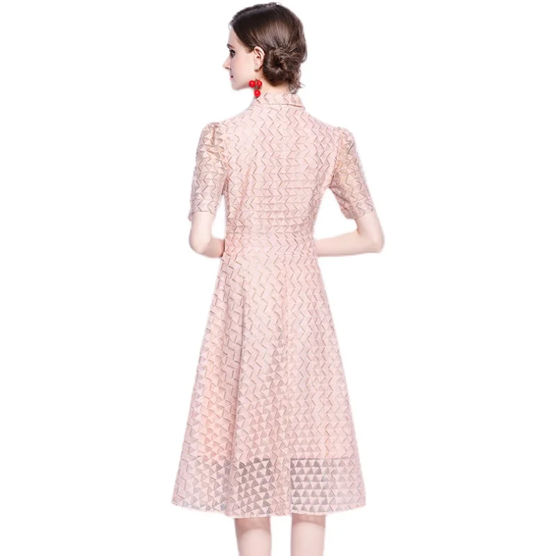 

COIGARSAM Lace Women dress New Summer High Waist Dresses Pink 6754