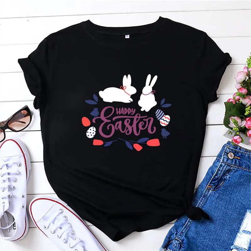

Katoen Pasen Bunny Print T-shirt Women Cute Cartoon Letter and Animal Pattern Women Tshirts Fashion O-neck Tee Shirt Femme