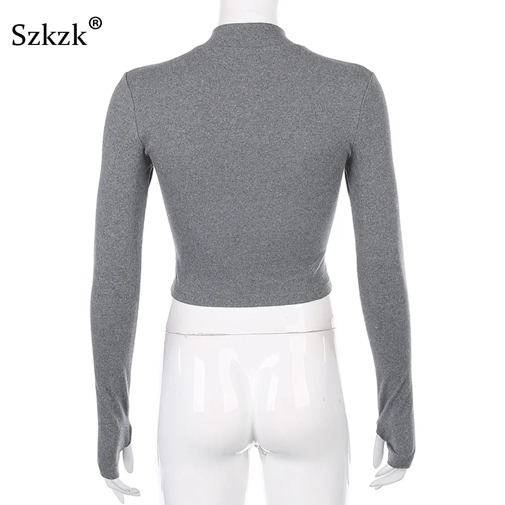 

Szkzk Cotton Knitted Ribbed T Shirts Women Sexy Zip Up Short Tops 2020 Long Sleeve O Neck Club T Shirt Black White Crop Tops