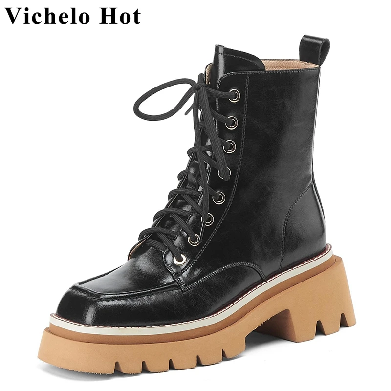 

Популярные офисные женские ковбойские ботинки Vichelo из коровьей кожи с перекрестной шнуровкой, водонепроницаемые ботильоны до бедра с квадр...