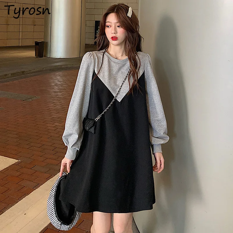 

Платье женское с длинным рукавом, элегантное ТРАПЕЦИЕВИДНОЕ мини-платье в стиле пэчворк, с круглым вырезом, в стиле ампир, Студенческая Мода...