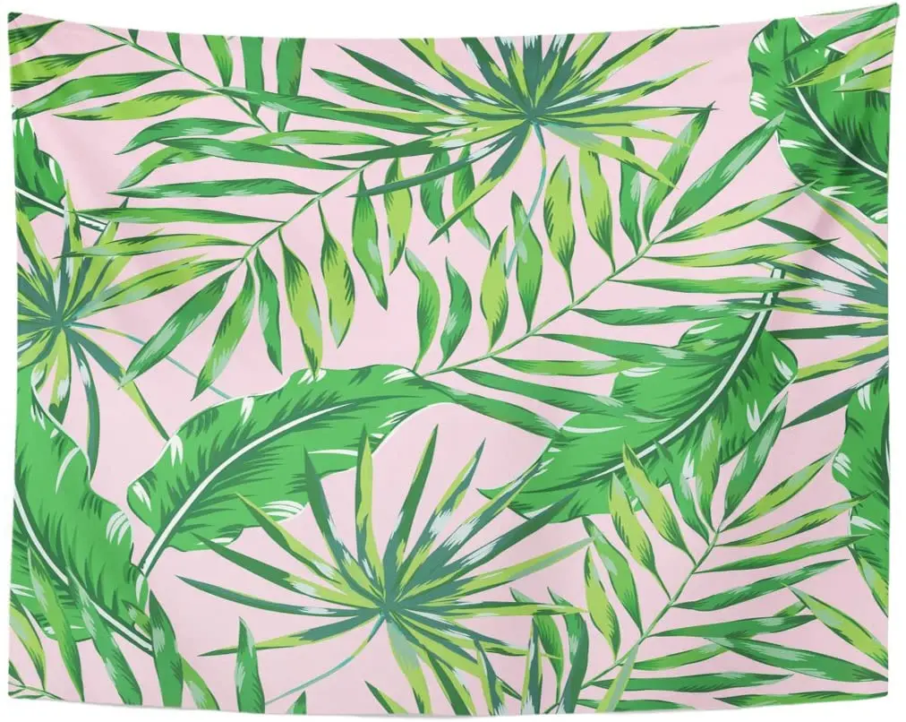 Гобелен экзотические Зеленые пальмовые листья на розовых тропических джунглях