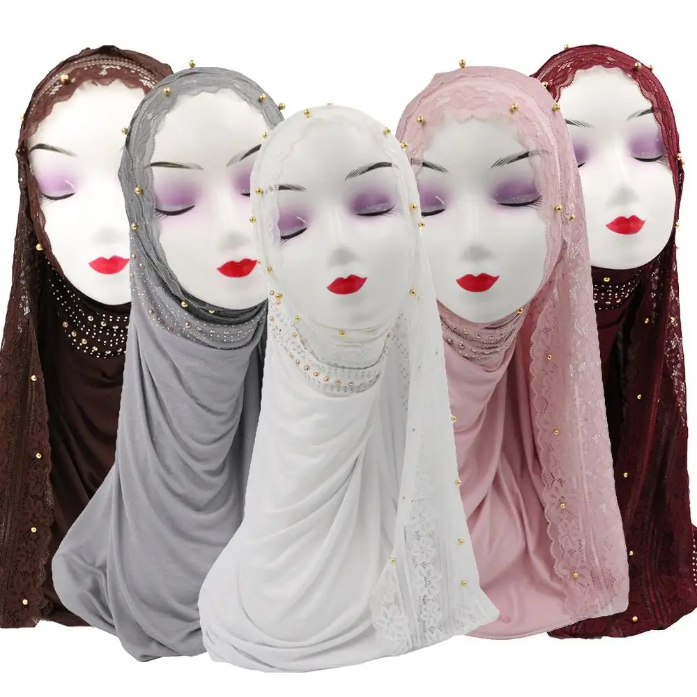 Мусульманские женщины хиджаб с кружевом шарф исламские бусы длинный платок