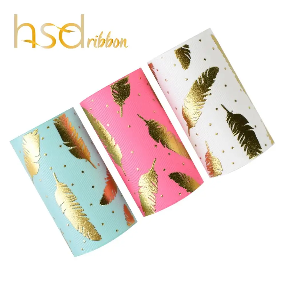 

HSDRibbon 75MM 3 inch hsd-design Gold foil printed Leaves on Grosgrain Ribbon