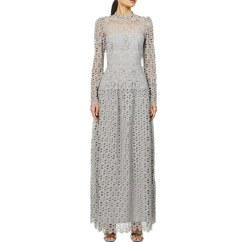 

Celebrity Luxury Lace Maxi Dress 2022 Spring Women See Through HOllow Out Long Sleeve Tunic Long Dress New year Party Dress