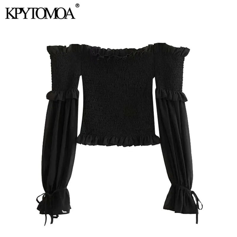 Женская укороченная блузка KPYTOMOA винтажная с длинными рукавами и воротником