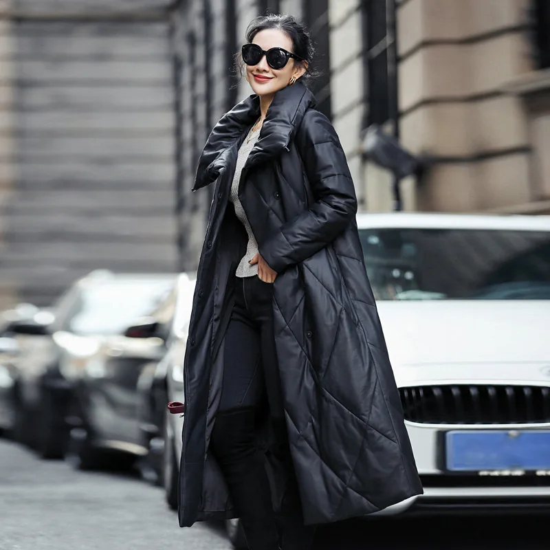 Женское длинное пальто на белом утином пуху куртка из натуральной овечьей кожи