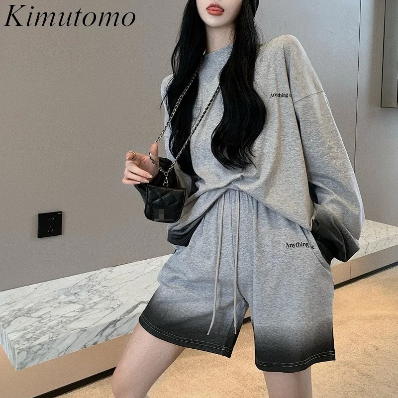 

Свободная модель Kimutomo, корейская мода, футболка с длинным рукавом, шорты с высокой талией и кулиской, Женский комплект из двух предметов