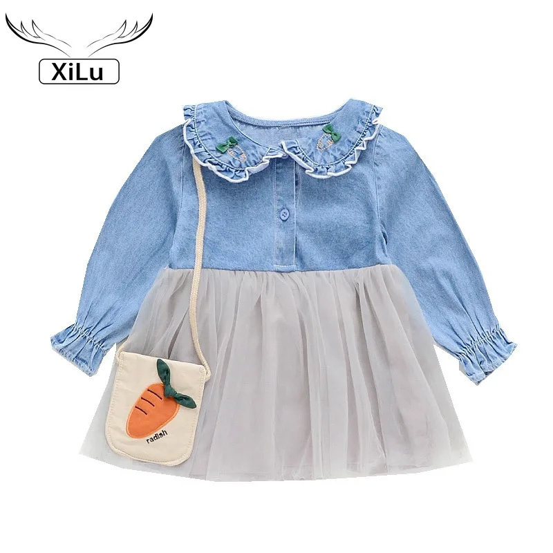 

Girls Denim Long Sleeve Stitching Princess Dress Clothing Korean Baby Clothes Toddler Girl Fall Clothes 2021 Korean Baby Clothes