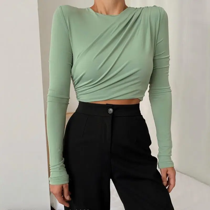 

Женский укороченный Топ с длинным рукавом, круглым вырезом