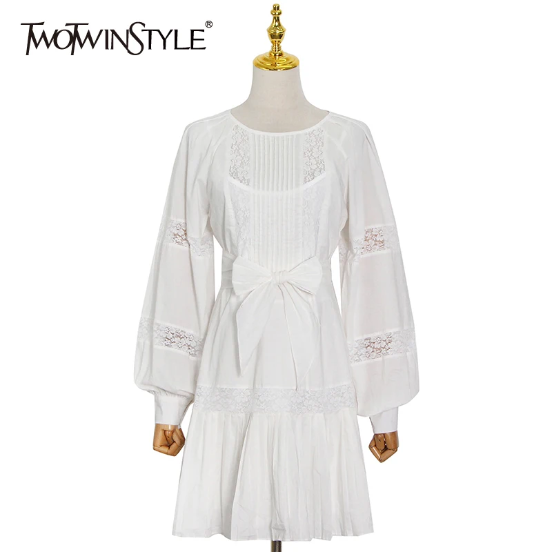 

TWOTWINSTYLE Summer Dress Women Clothing Bowknot Lace Up O Neck Long Sleeve Korean A Line Dresses Female 2021 Fashion Style New