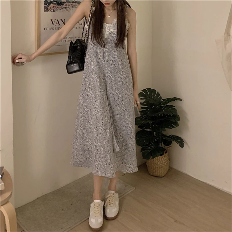 

Dress Women Sweet Girls Floral Print Summer V-Neck Lace Design Sling Sleeveless French Chic Trendy Skirt Y911