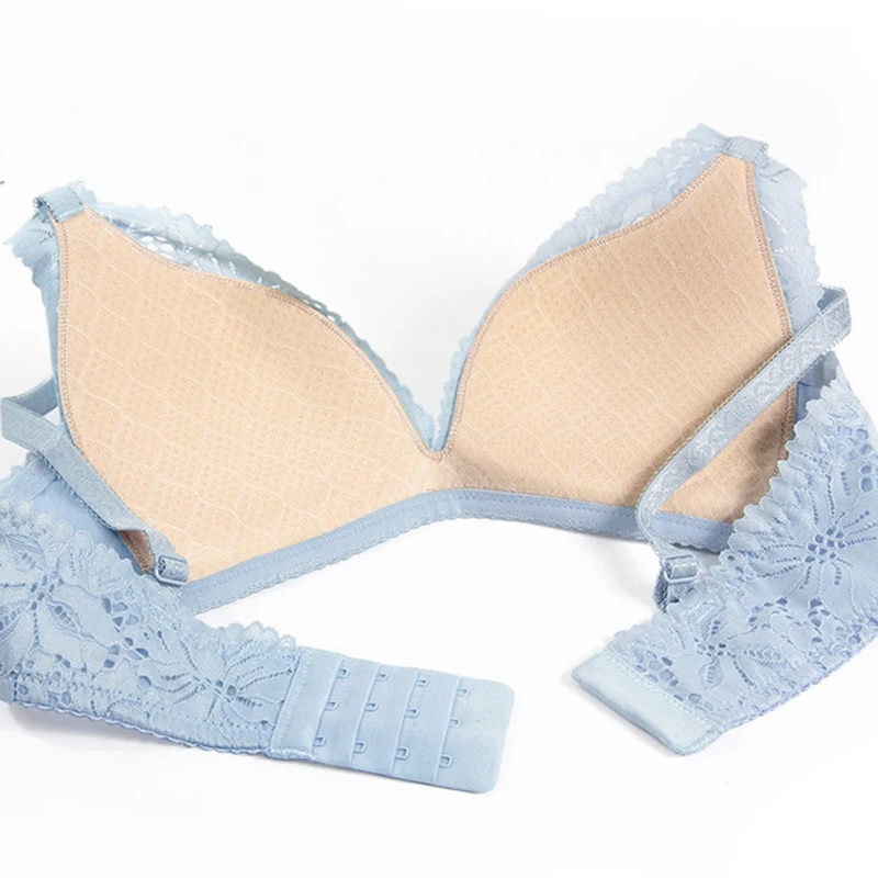 

E lovegirl Fashion Sexy Blue Floral Underwear Deep V Sexy ABC Seamless Top Garment Cup Wireless Push-up Adjustable Bra