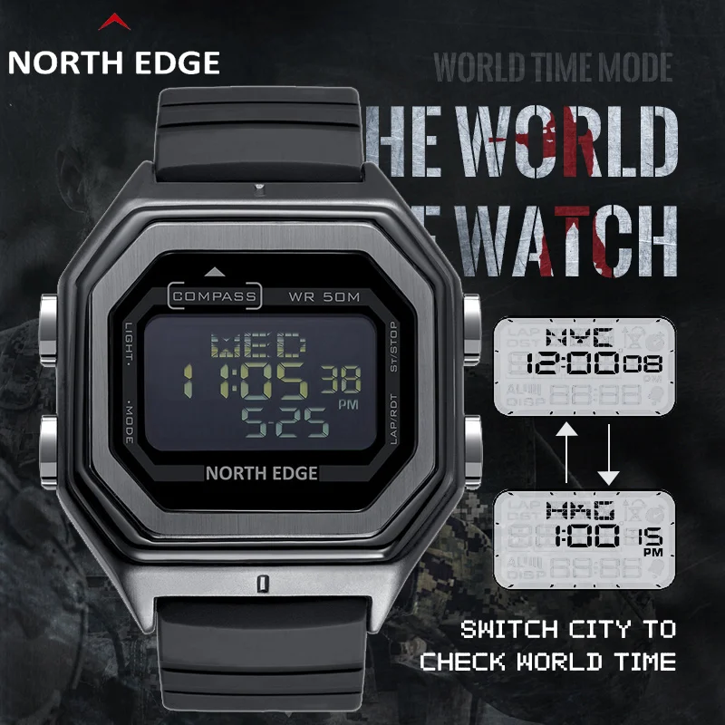 Мужские спортивные часы NORTH EDGE водонепроницаемые цифровые с компасом