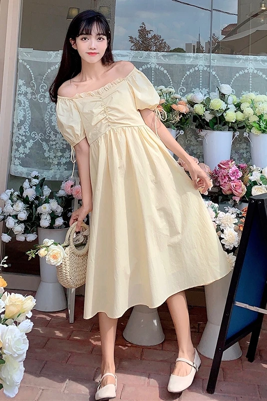 

Korean-Style Sweet French Wooden Ear Square Collar Lace-up Puff Sleeve High Waist Slimming First Love Wind Dress Female Summer