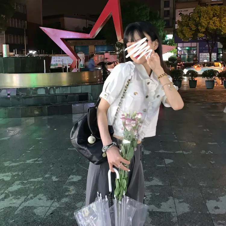 

Rose Lace tooling top for women's 2021 spring and summer new Korean version ins versatile show thin white denim shirt trend