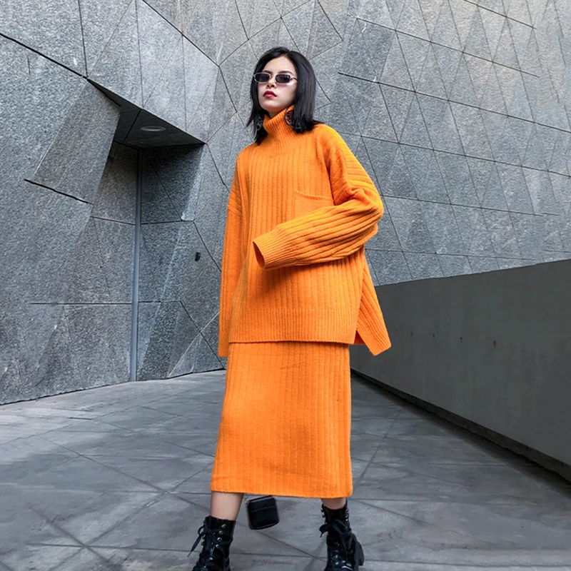 [EAM] Half-body Skirt Knittng Big Size Two Pieces Suit New Turtleneck Long Sleeve Loose Women Fashion Spring Autumn 1K341