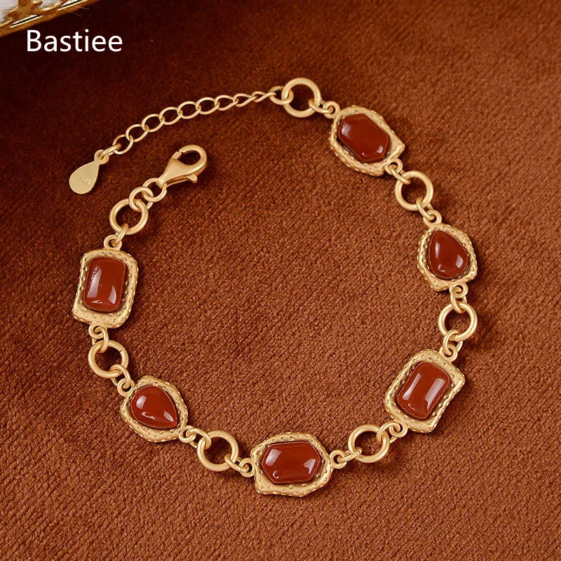 Bastiee Red Agate 925 Sterling Silver Bracelet For Women Bracelets Hmong Jewelry Luxury Golden Plated Wedding Jewellery