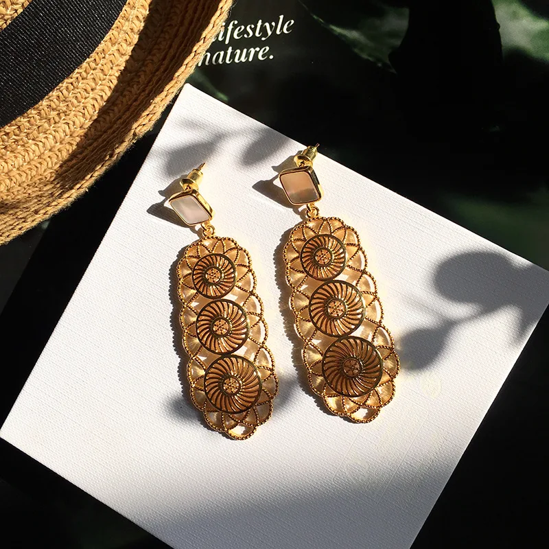 

Cutout Fans Statement Drop Earrings Brass With 18k Gold Women Jewelry Party Boho T Show Gown Runway Rare Korean Japan Trendy INS
