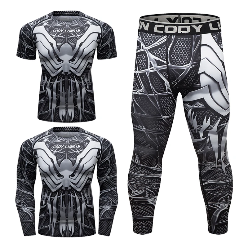 

4 /3 Pieces Sport Training Suit for Men Full Print Sport Shorts Men Gym Leggings T Shirt Sports Wear Set