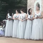 Женское кружевное платье подружки невесты, длинное ТРАПЕЦИЕВИДНОЕ ПЛАТЬЕ С Глубоким V-образным вырезом, шифоновое трехслойное платье для гостей свадьбы