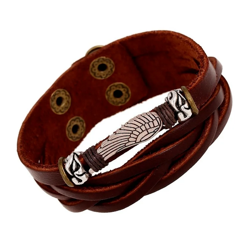 

Western Style Popular Cowhide Bracelet Alloy Wings Punk Multi-layer Woven Leather Men's Bangle Charm Jewelry Fashion Accessories