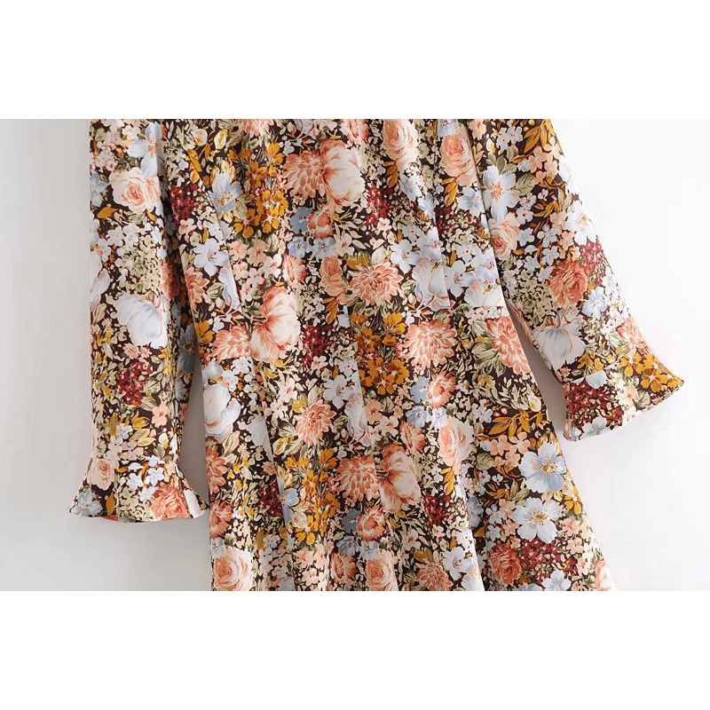 

2021 Spring Women Vintage A Line Mini Dress Office Stand Collar Flower Print Ladies Ruffles Sleeve Korean Casual Chic Sundress