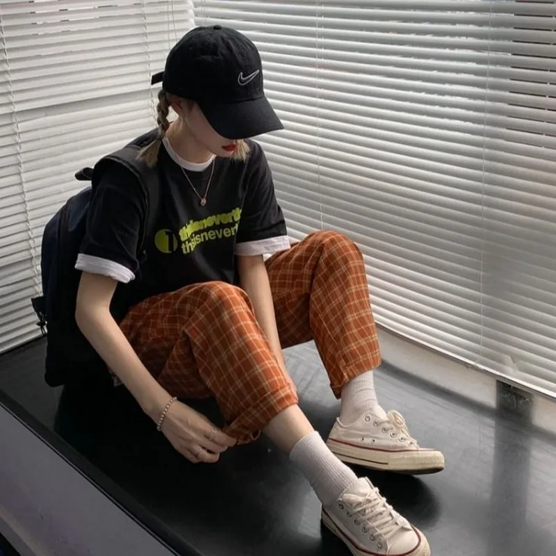 

vintage plaid female trousers women joggers pant loose high waist straight pants women Korean streetwear casual spring clothes