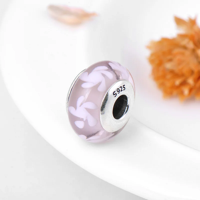 Hot 925 Sterling Silver Color pink white Flower European Glass Beads Fit Original fine Charm Women DIY Bracelets Jewelry 2018 | Украшения и