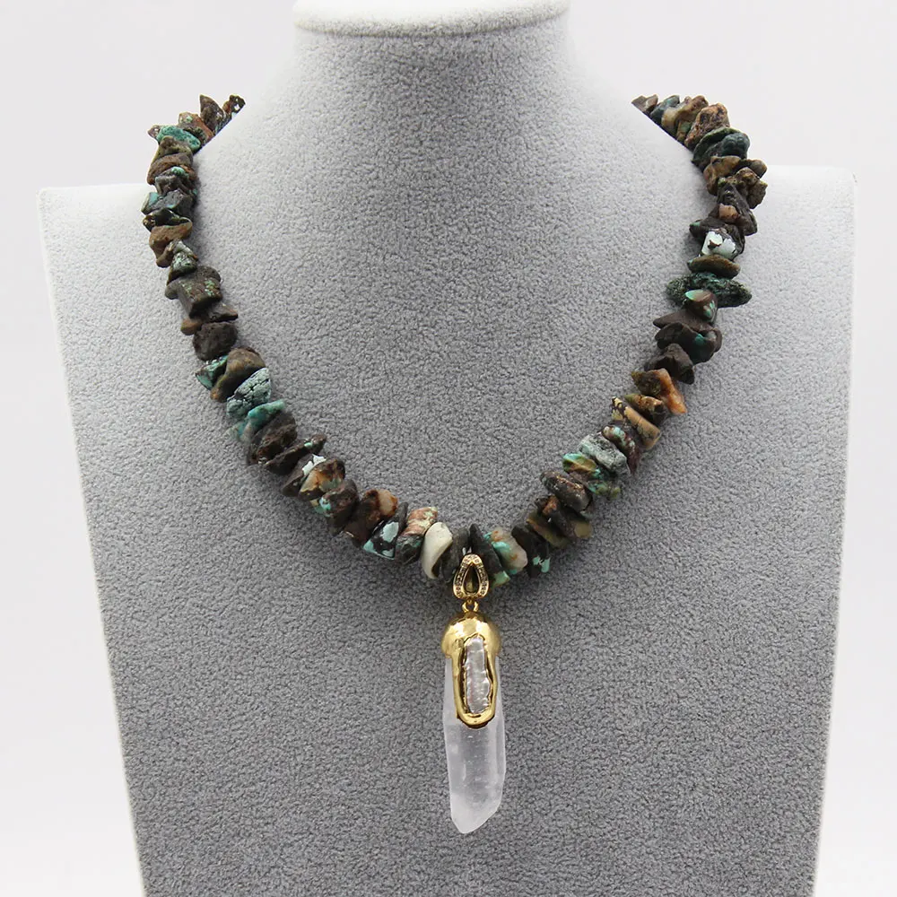 

GuaiGuai Jewelry Natural Green Mix Color Africa Turquoises Necklace Gold plated White Pearl Quartzs Pendant For Women