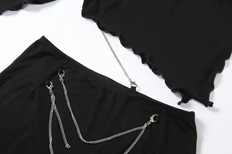 

Simenual Chain One Shoulder Ruffles Two Piece Sets Black Birthday Outfits For Women Club Party Crop Top And Skirt Matching Set