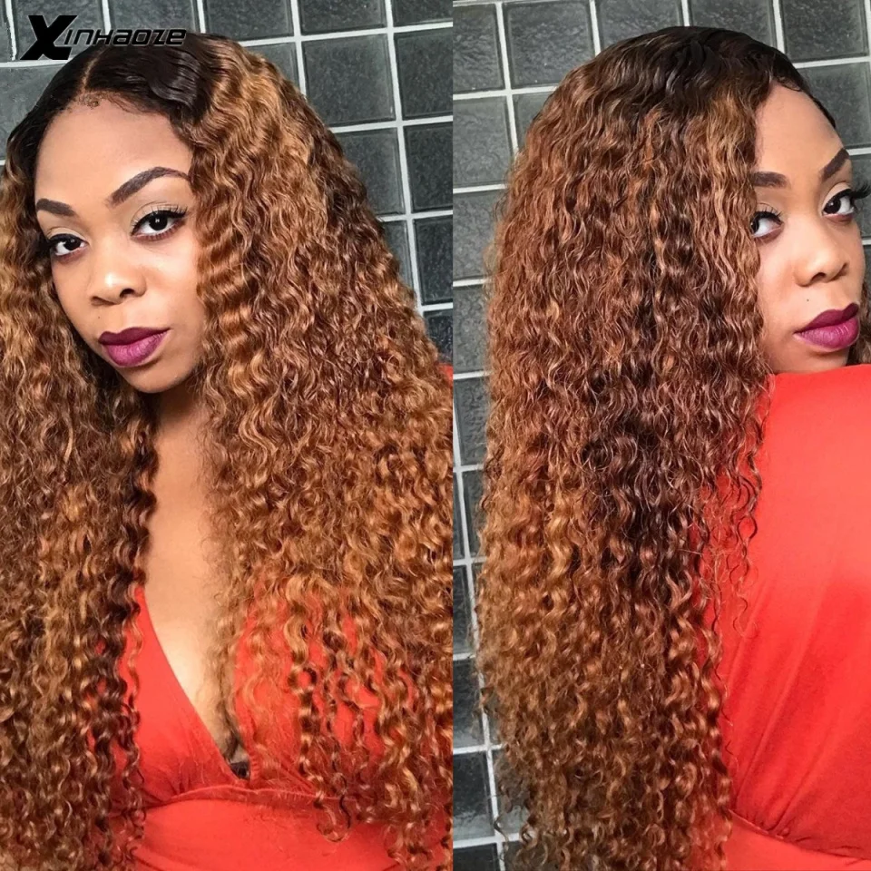 

1B 30 кудрявые бразильские волосы Remy, кружевной парик с эффектом омбре, коричневая глубокая часть 13x6, кружевные передние человеческие волосы, ...